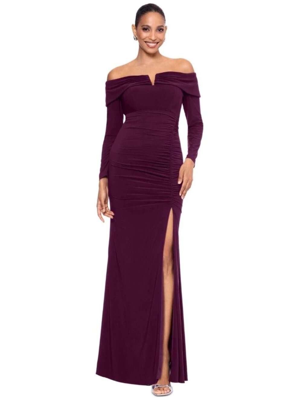 XSCAPE Womens Off-The-Shoulder Long Sleeves Gown Wine